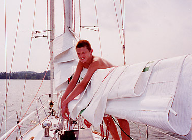 James flaking the mainsail.